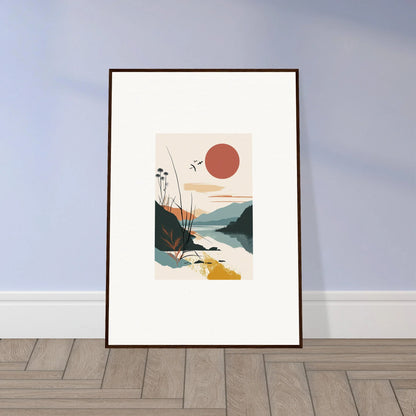 Framed minimalist sunrise unfurled canvas print over mountains and water for room decoration