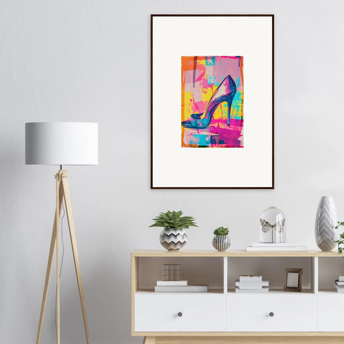 Colorful abstract painting of a high-heeled shoe for stylish room decor and wall art