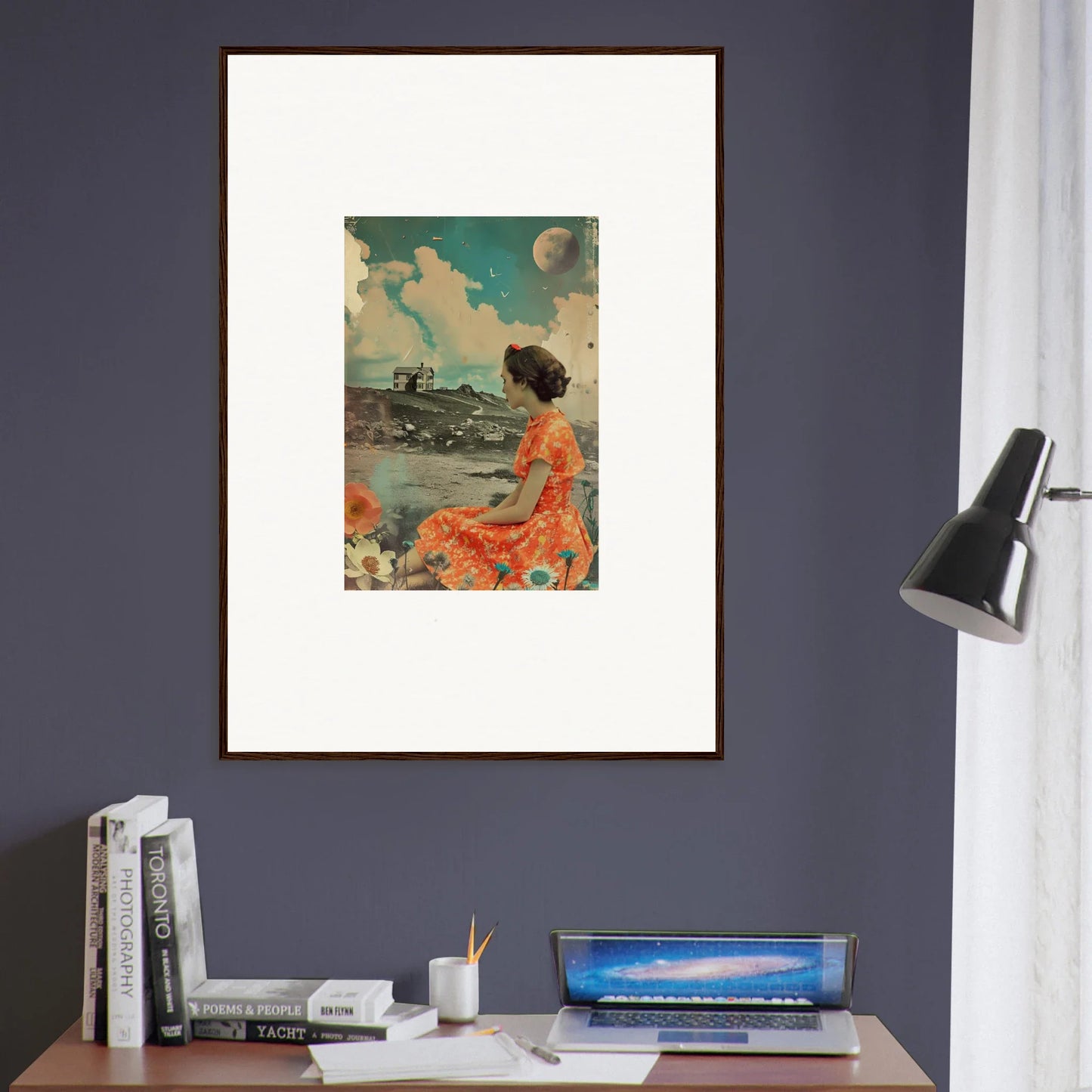 Vintage canvas print of a woman in an orange dress in a dreamy color reverie landscape