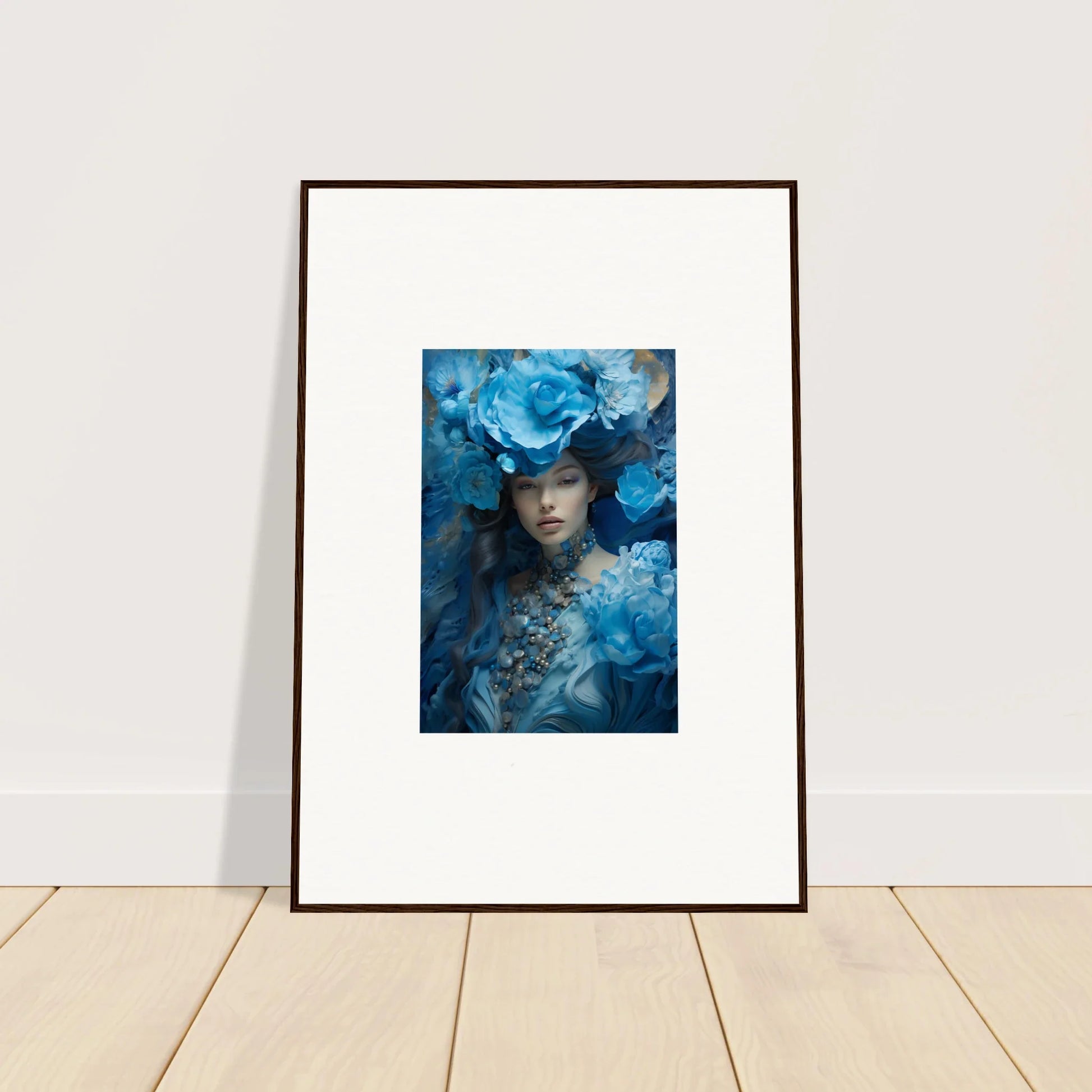 Framed canvas print of a figure in blue symphony with floral elements for room decoration