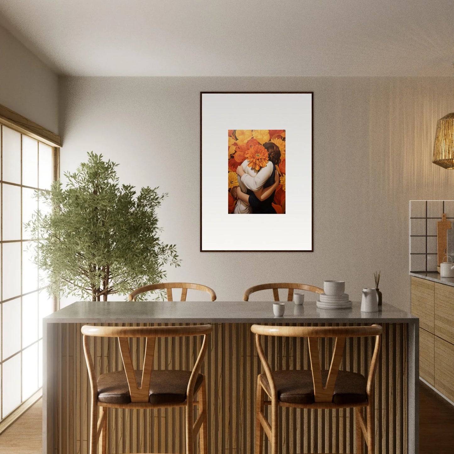 Dining area with chairs, table, and a fox canvas print for a Floral Euphoria Embrace vibe