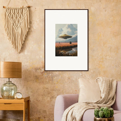 Framed canvas print of UFO over a sunset landscape, perfect for drifting suns room decoration