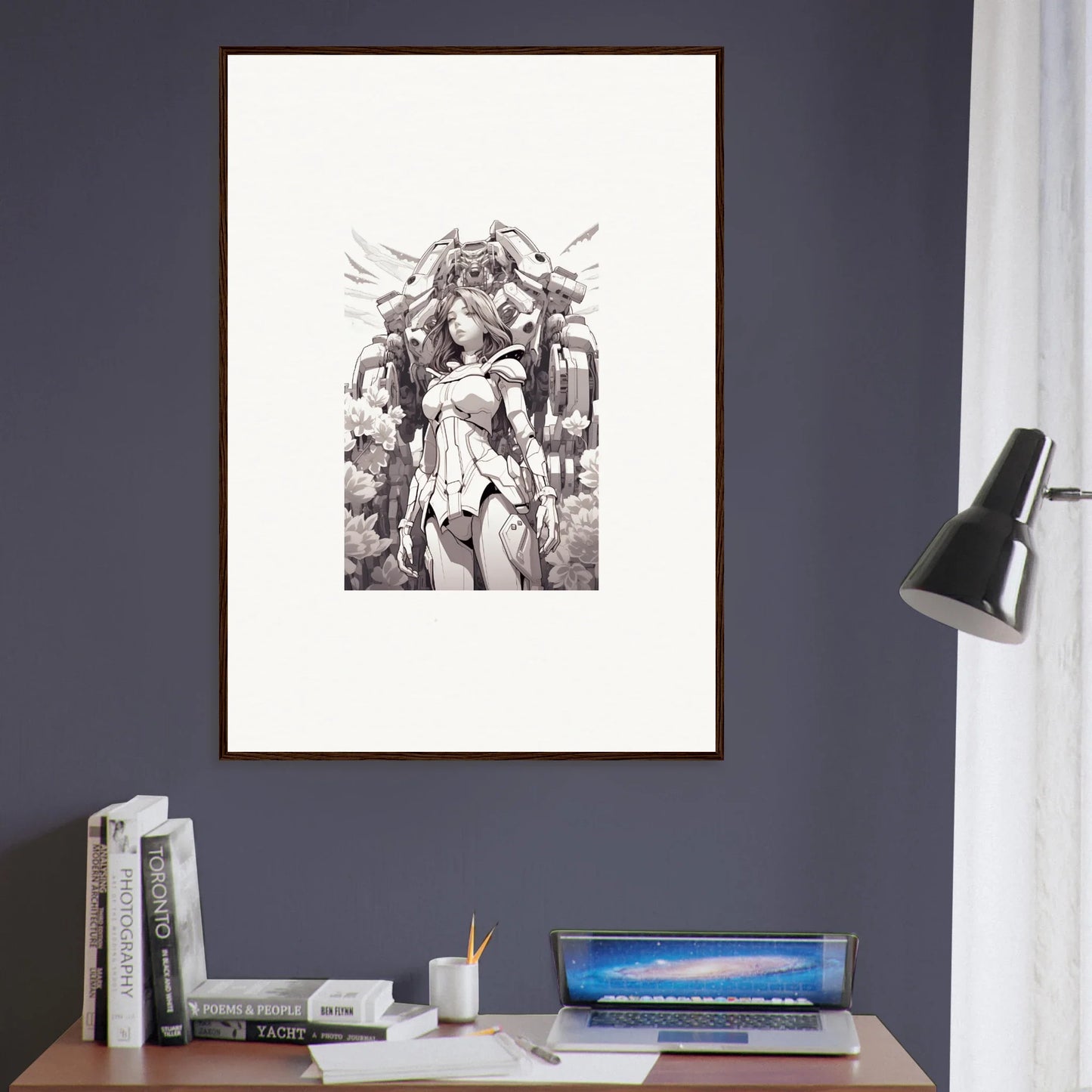 Framed black and white canvas print of a dream machine with mythical creatures for room decoration