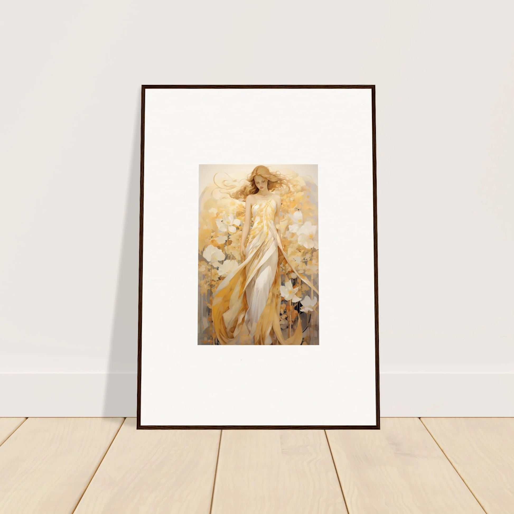 Framed canvas print of a woman in a yellow dress with whispering petals for room decoration