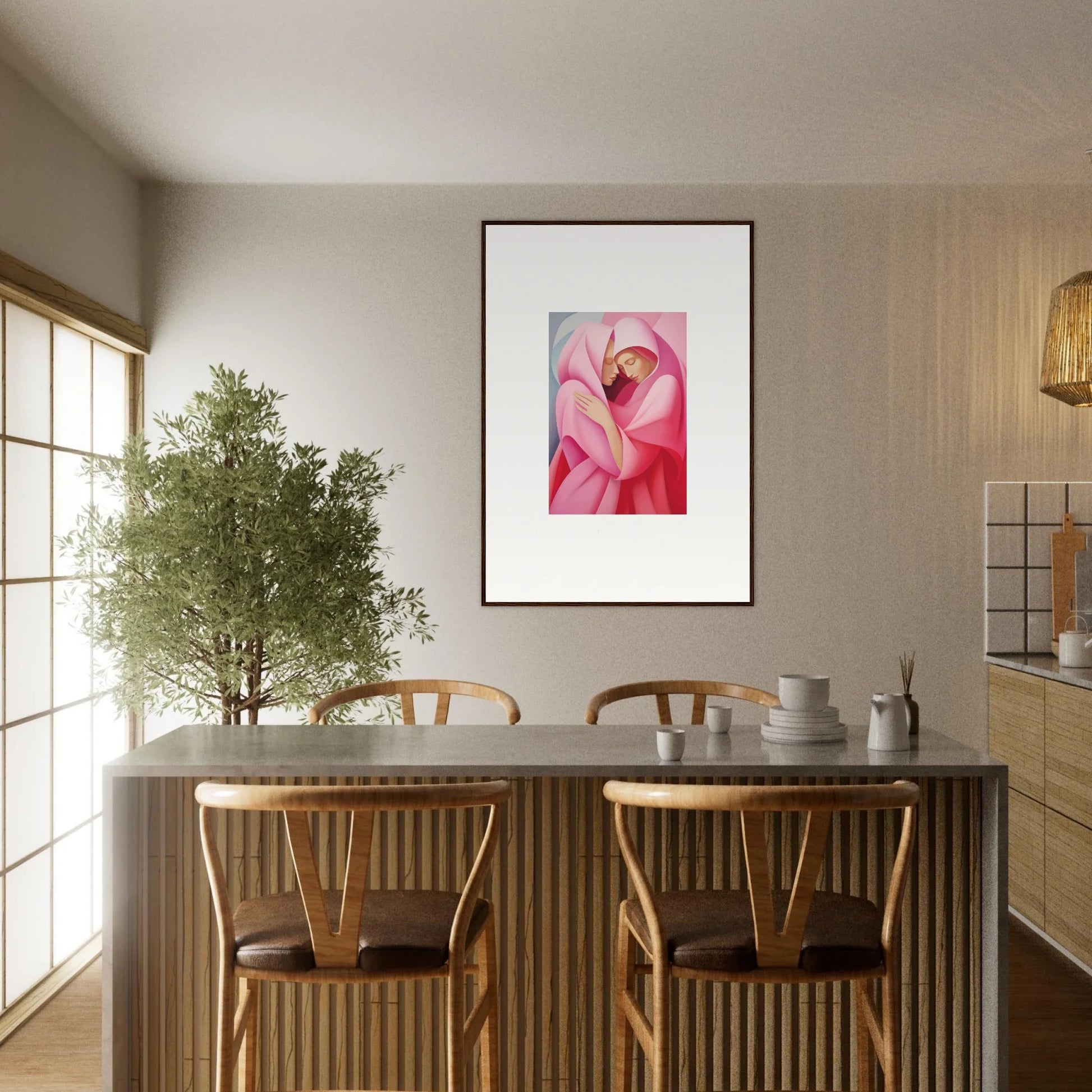 Dining area featuring a table, chairs, and a pink floral verse tapestry on the wall