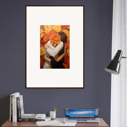 Framed canvas print of two figures embracing, surrounded by autumn leaves for euphoria embrace room decoration