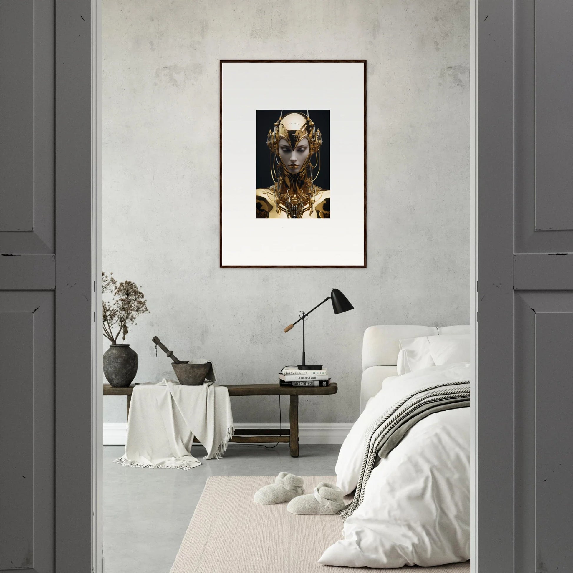 Framed canvas print of a golden figure for chic room decoration with Chirping Inventrix