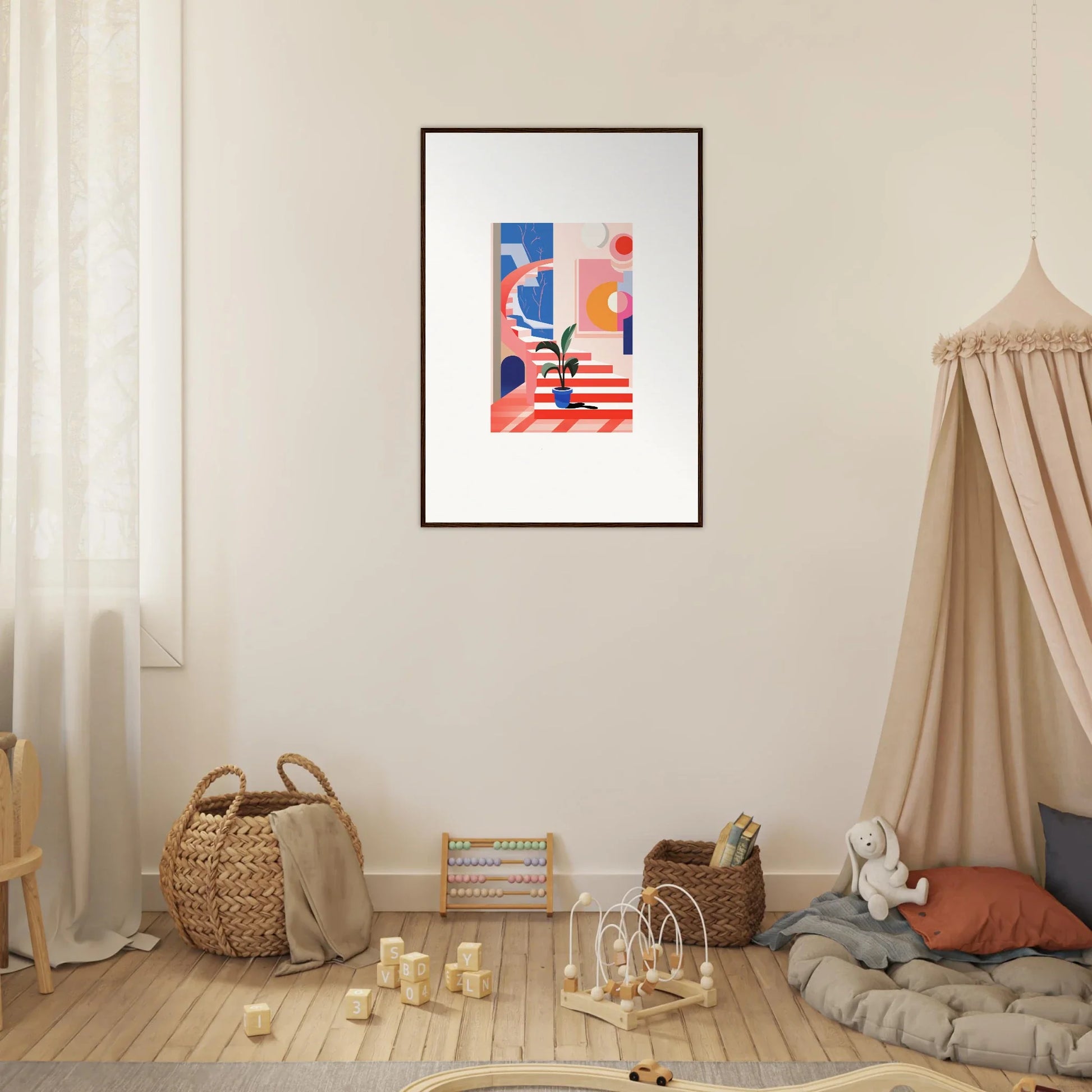 Framed abstract canvas print with red, blue, and white shapes for Quantum Gardens decor