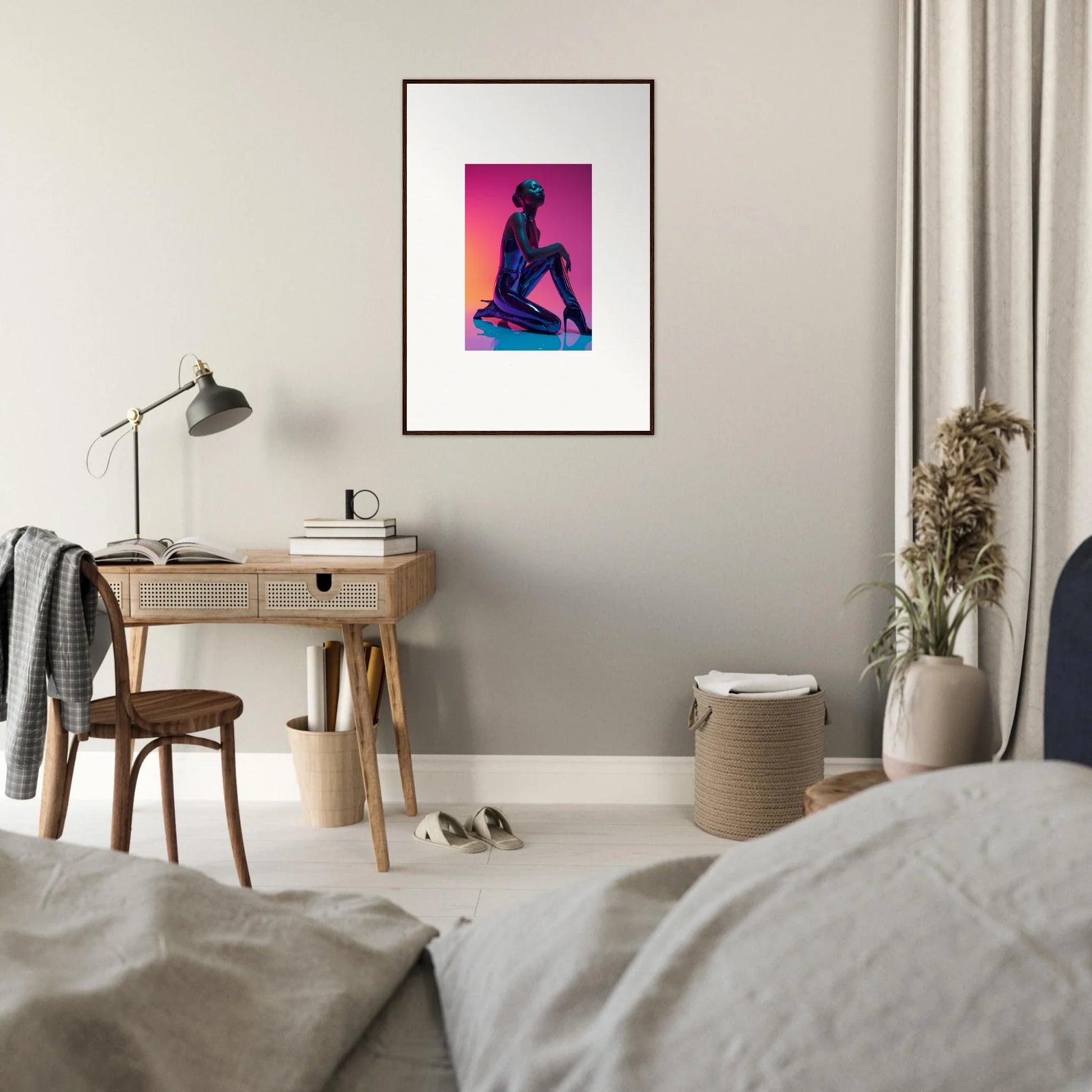 Framed Neon Vortex Wonder canvas print with a silhouette on a vibrant pink and orange background