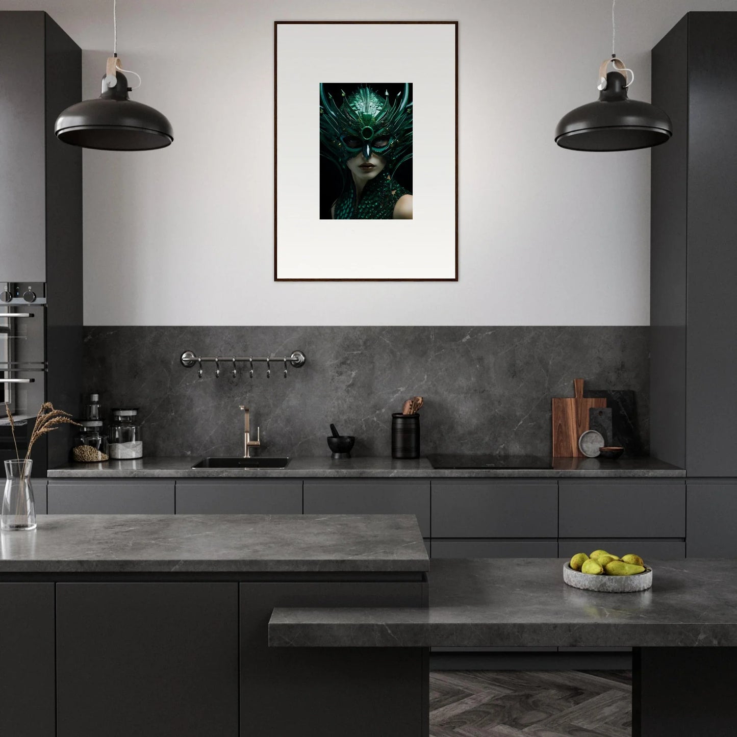 Modern dark kitchen featuring a striking green canvas print, perfect for room decoration