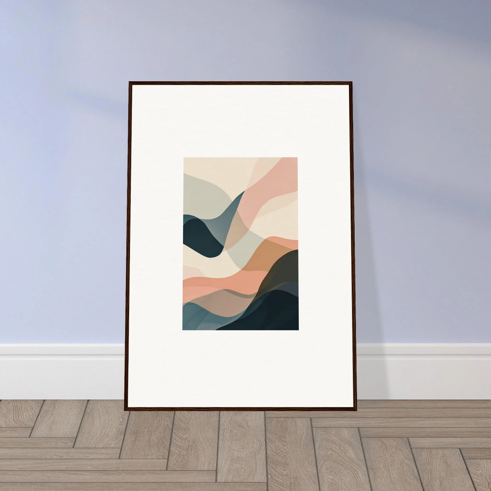 Framed abstract wall art with curved shapes in pastel colors for modern room decoration