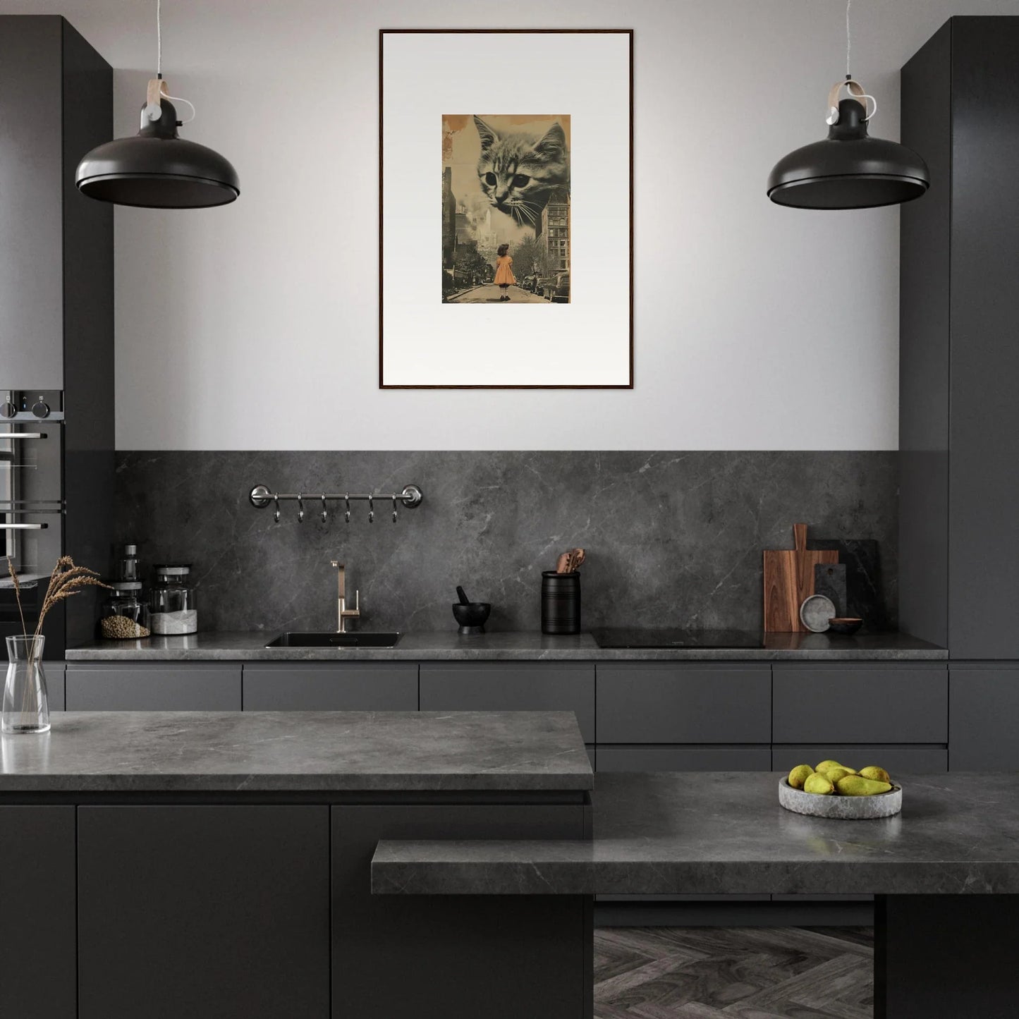 Modern kitchen with gray cabinets and stylish cat wall art for room decoration