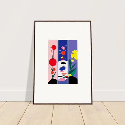 Framed canvas print of Florid Huescape Bloom with colorful geometric shapes and flowers