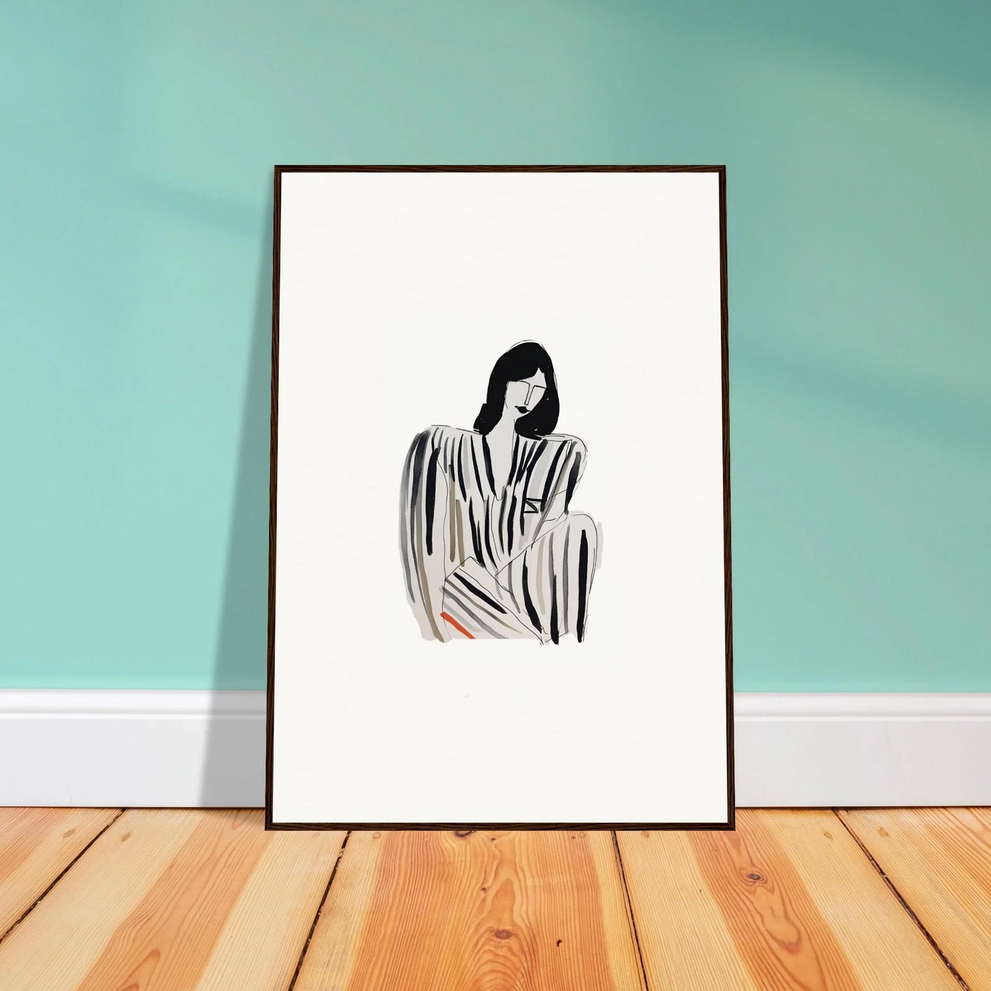 Framed black and white sketch of a figure for Striped Whispers Formals room decoration