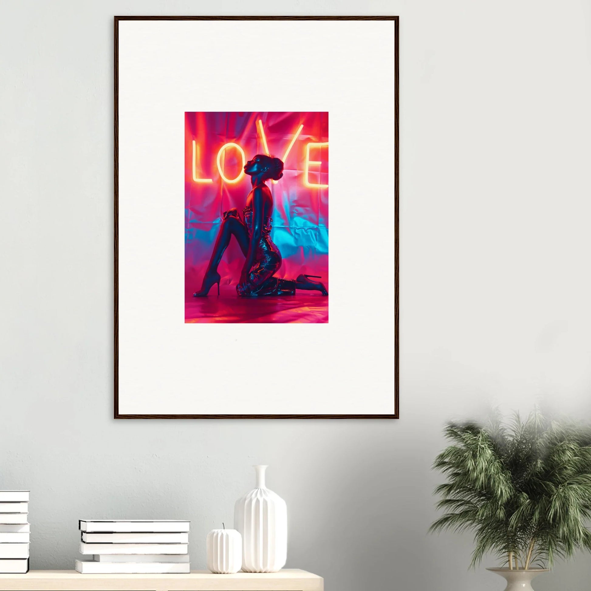 Framed canvas print with silhouetted figure and vibrant LOVE wall art, perfect room decoration