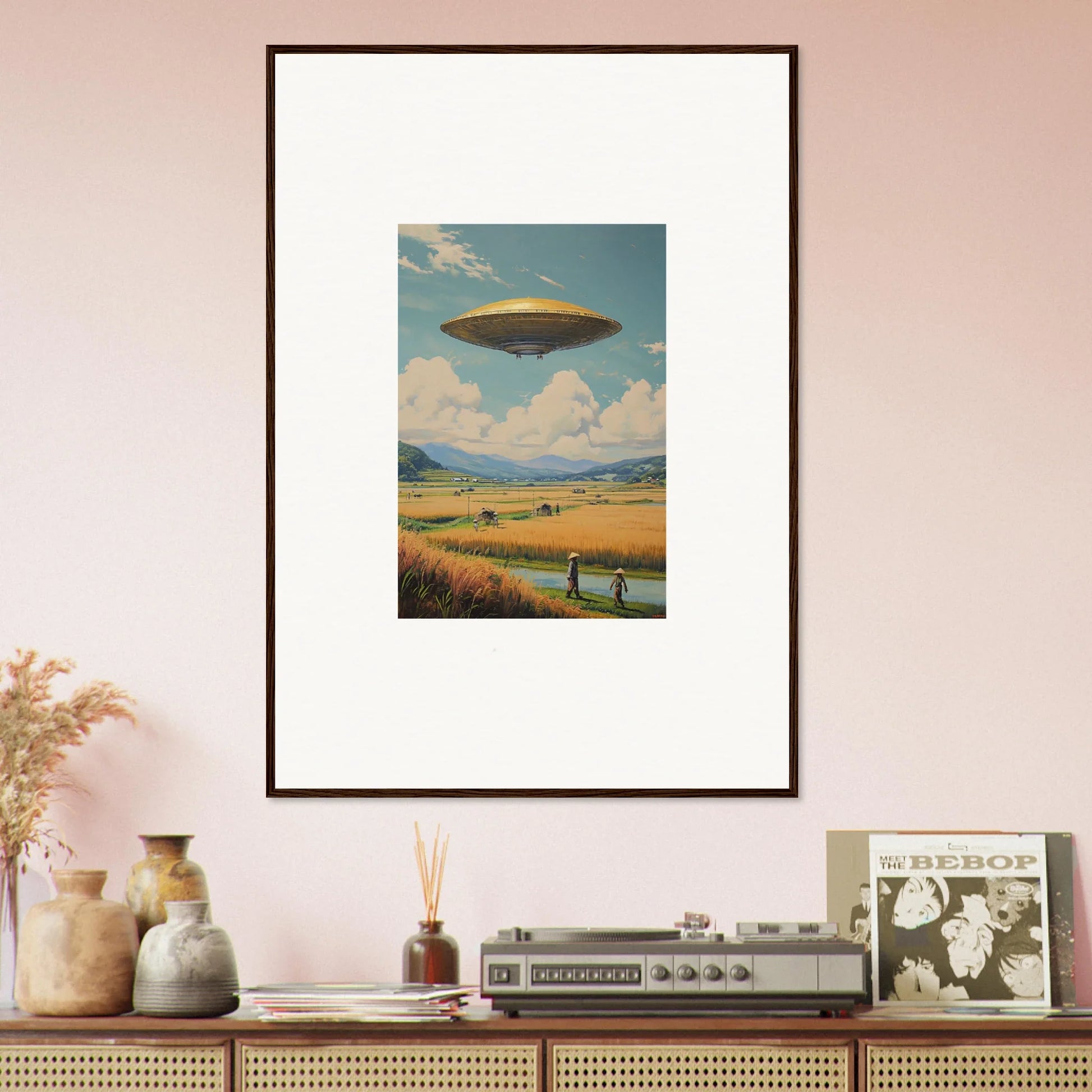 Framed canvas print featuring a UFO in a rural scene, perfect for room decoration