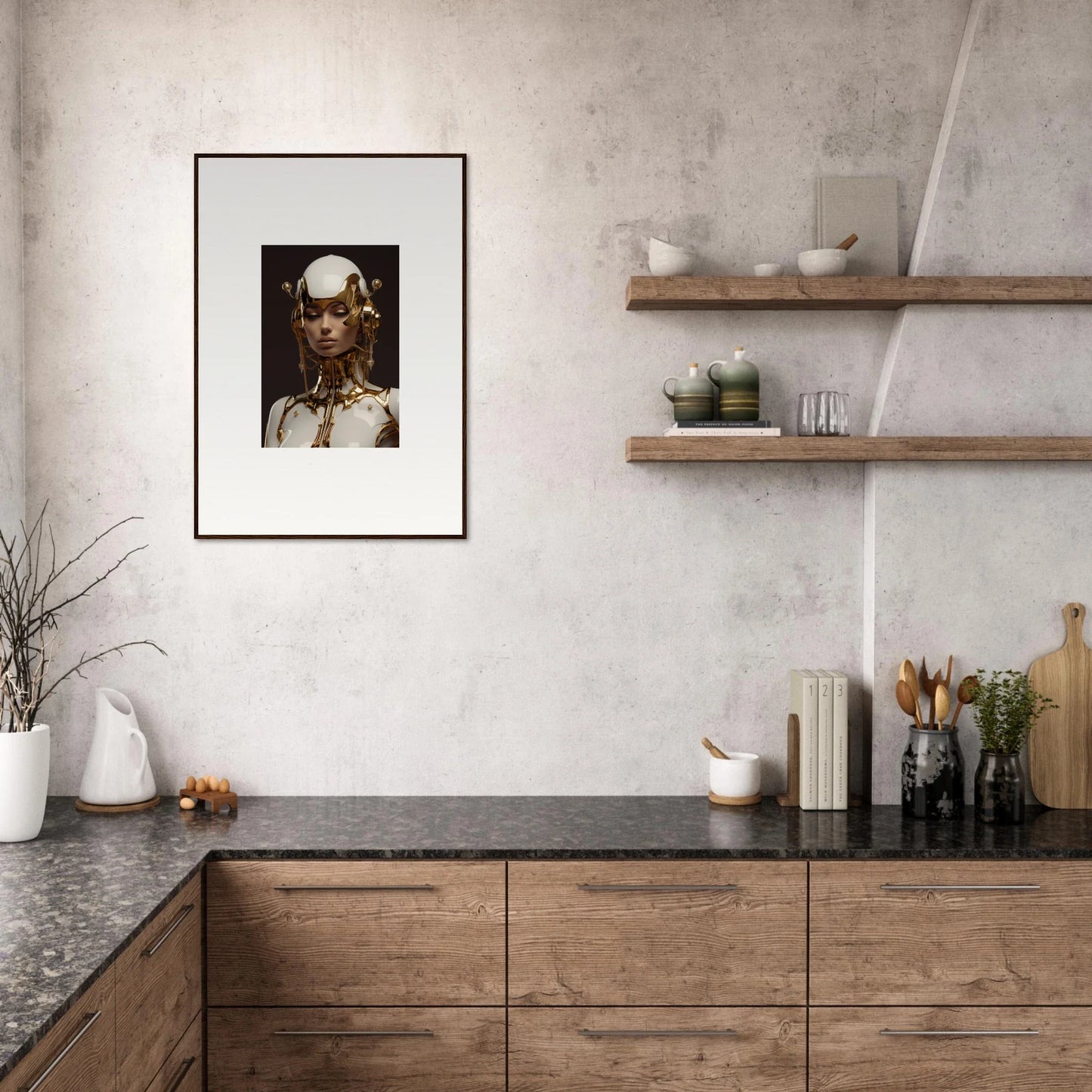 Modern kitchen with wooden cabinets and open shelving, perfect for wall art inspiration