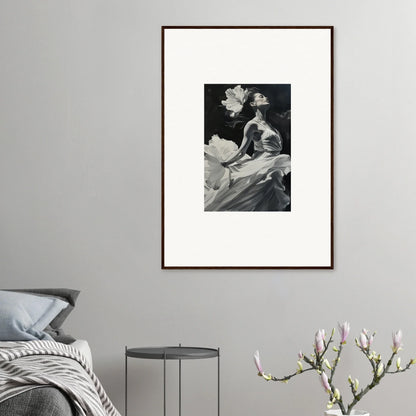 Framed black and white photo of figure with flowers, perfect for visionary reverie room decoration