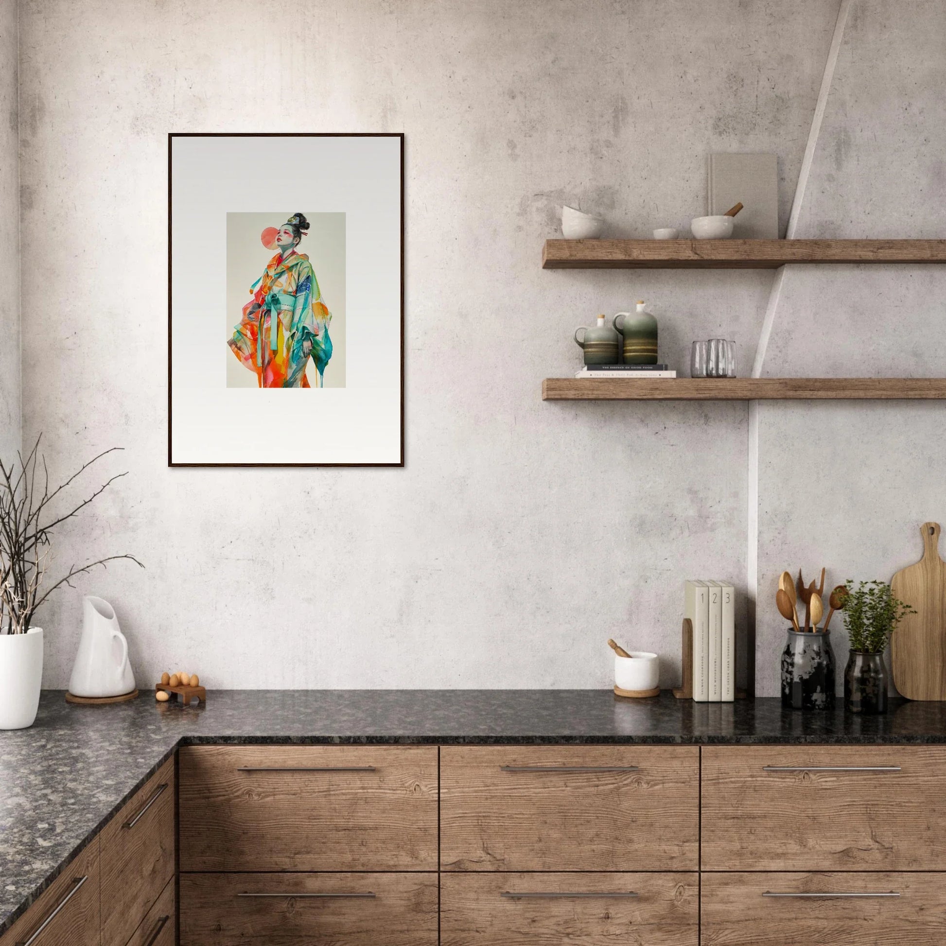 Stylish kitchen with wooden cabinets and a rainbow essence canvas print for room decoration