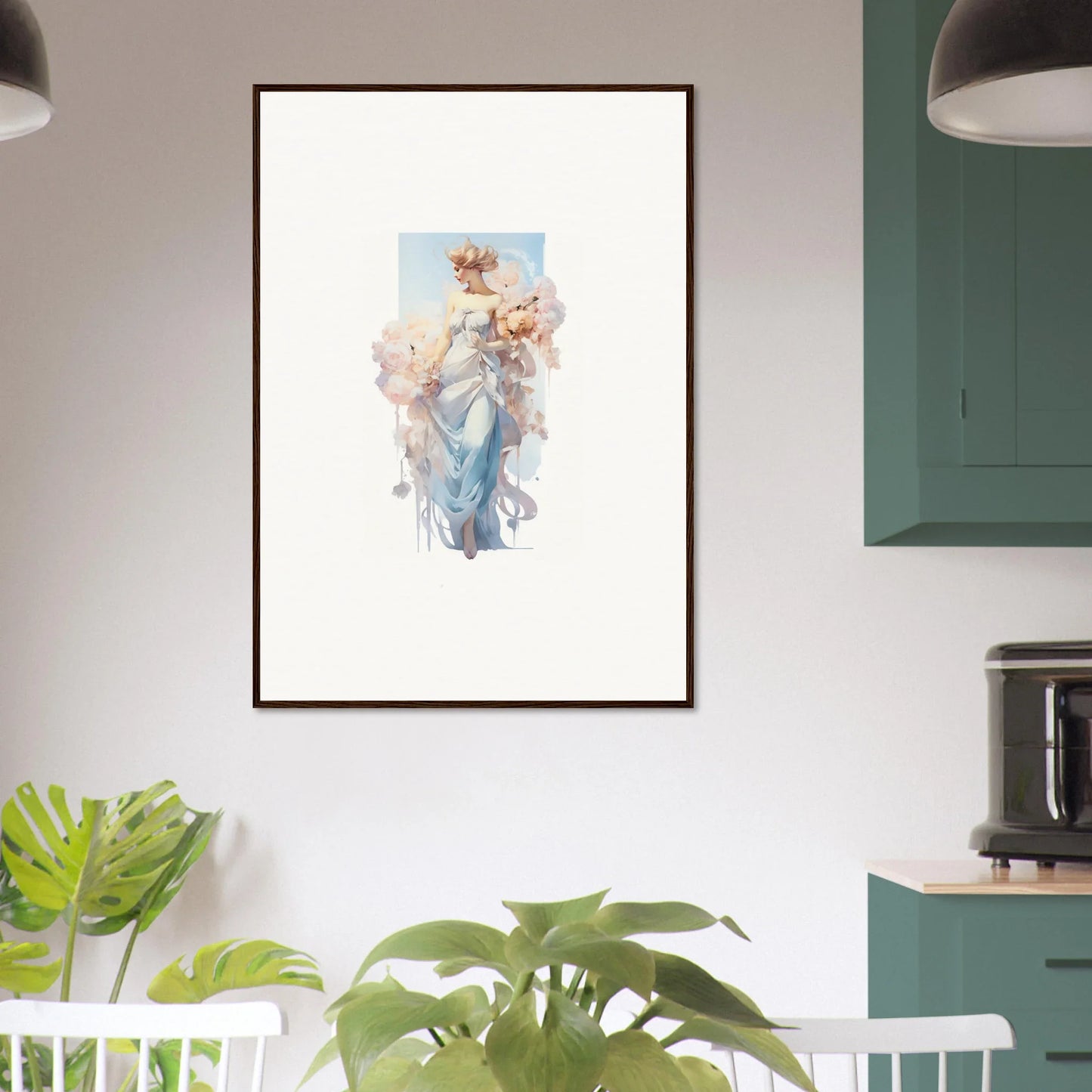 Framed watercolor painting of a pastel floral figure for stunning bouquet waltz room decoration