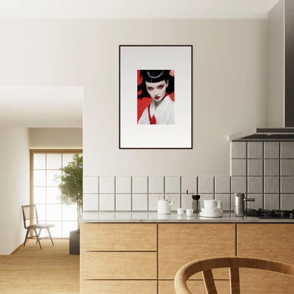 Framed canvas print of a woman with dark hair and red lipstick, perfect for cherry dream decor