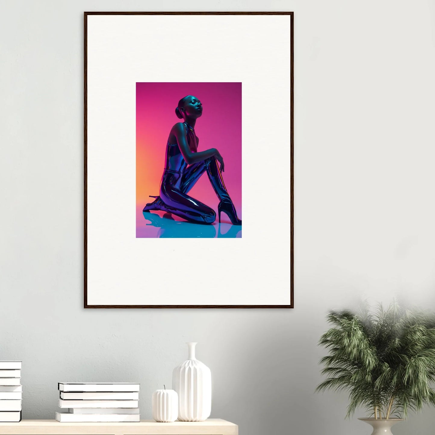 Framed Neon Vortex Wonder canvas print of a blue figure on a vibrant pink background