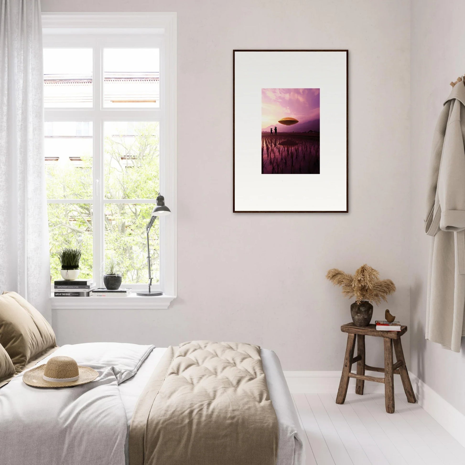 Cozy bedroom with neutral decor and a violet dreaming canvas print on the wall