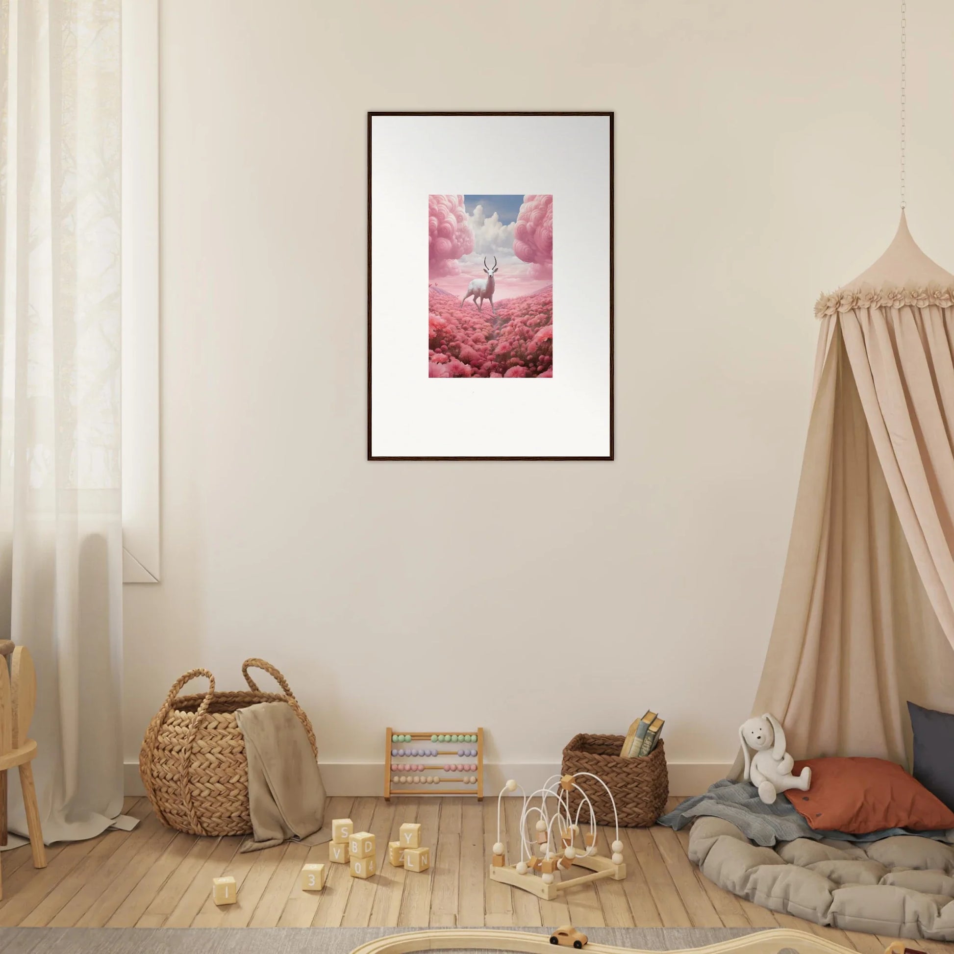 Framed canvas print of a giraffe in a pink landscape for cool room decoration