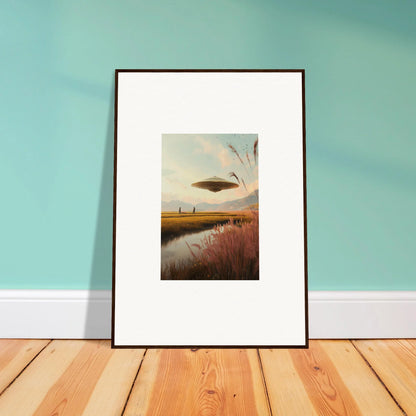 Framed wall art of a UFO over a marsh, perfect for meadow raindancers room decor