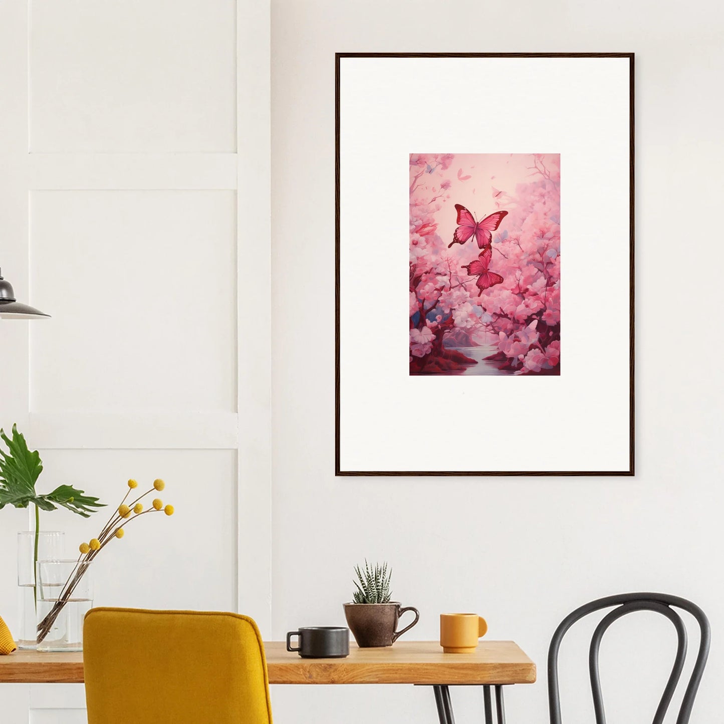 Framed canvas print of a pink butterfly in cherry blossoms for spring euphoria room decoration