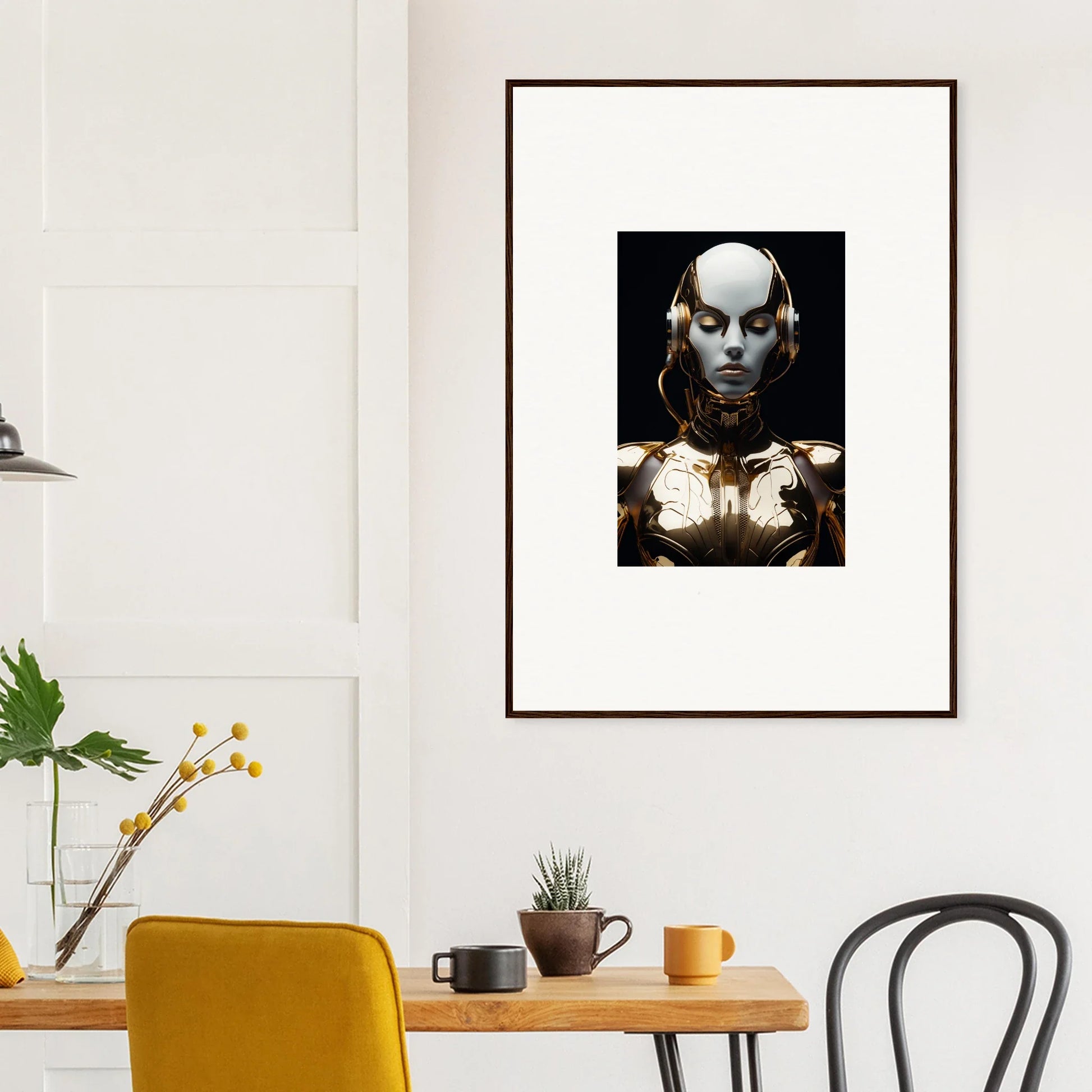 Framed canvas print of a futuristic cyborg, perfect for electrical elegance room decoration