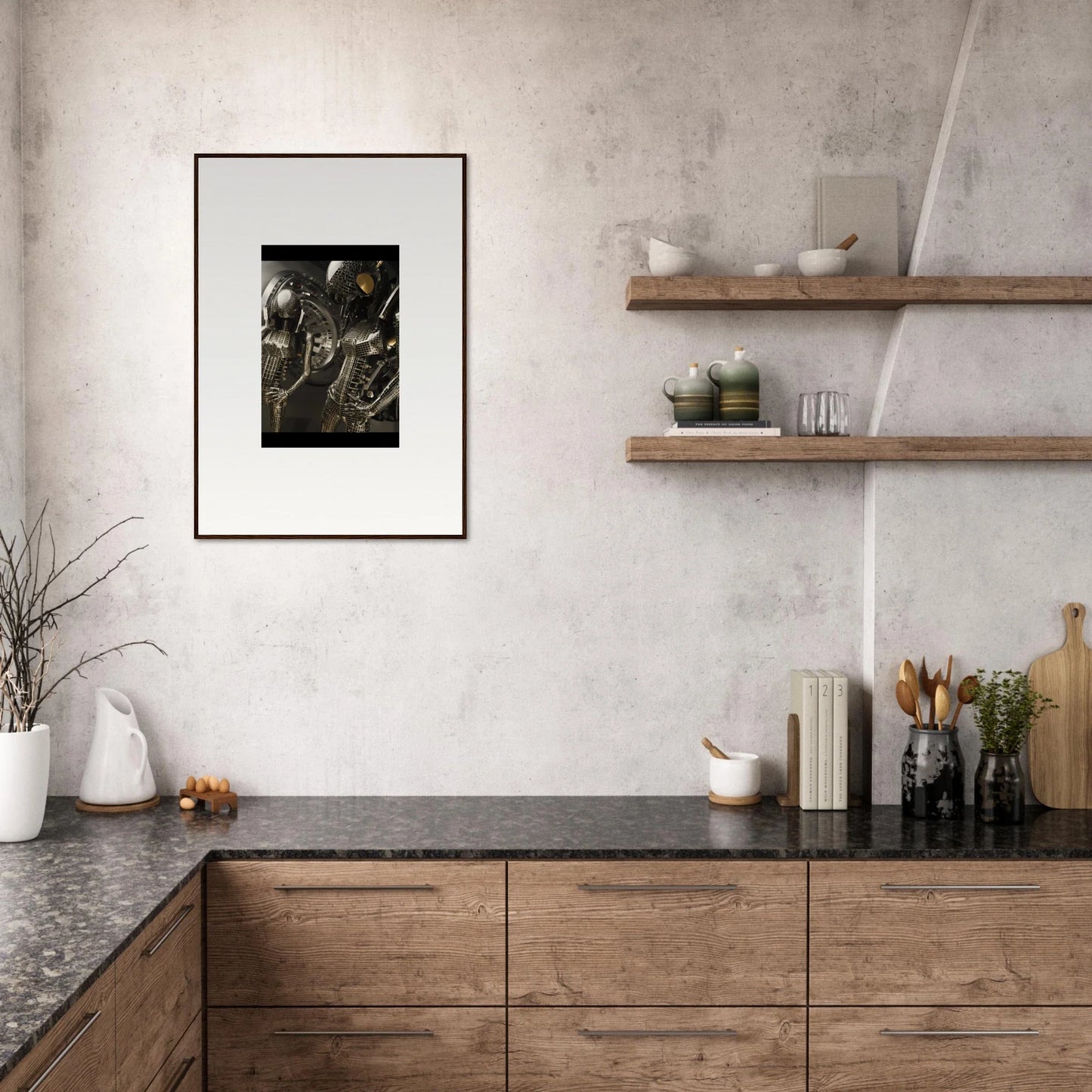 Modern kitchen with wooden cabinets and a stylish black-and-white canvas print for room decoration