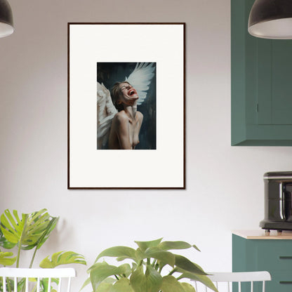 Framed canvas print of a person with windswept white hair for unique room decoration