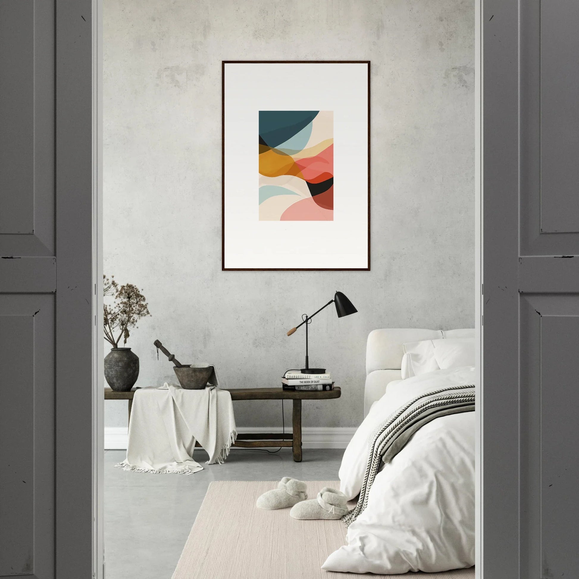 Abstract canvas print of curved shapes in muted colors for stylish room decoration