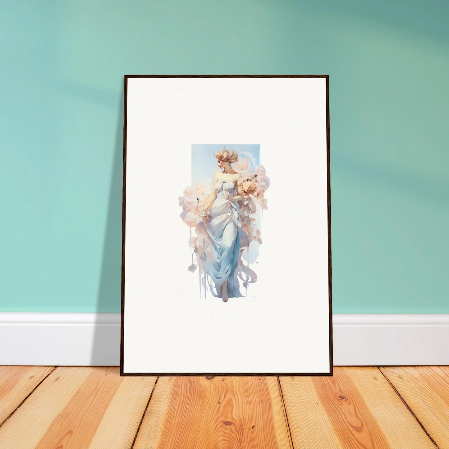 Elegant canvas print of a graceful figure in blue robes with cherubs for room decoration