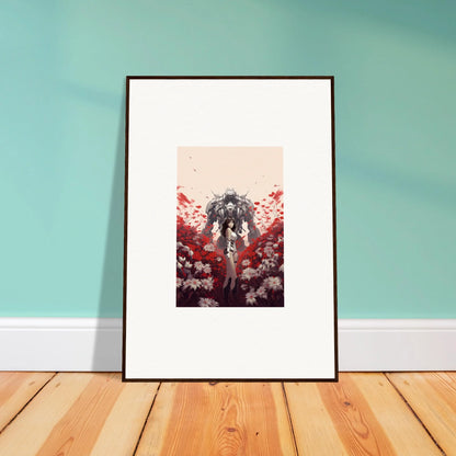 Framed canvas print of a figure with red and white flowers for boundary whimsy room decoration