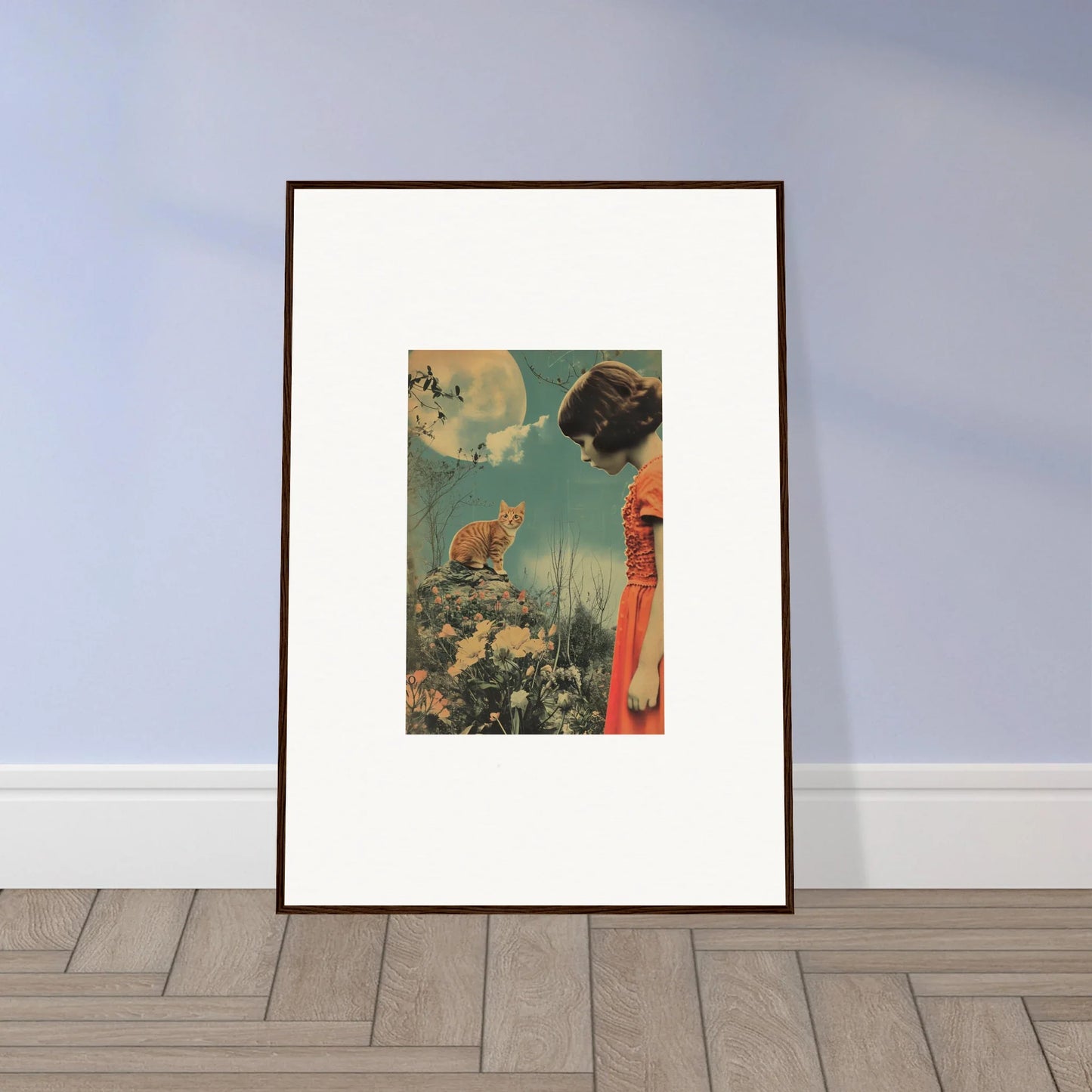 Surreal collage canvas print featuring cat, butterflies, and a figure for whimsy reverie room decoration