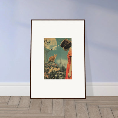 Surreal collage canvas print featuring cat, butterflies, and a figure for whimsy reverie room decoration