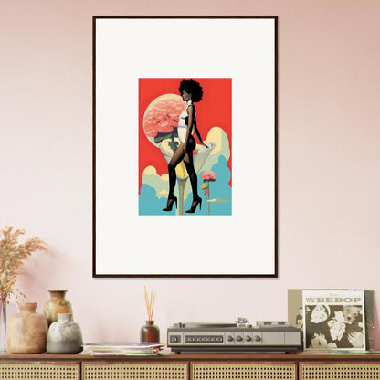 Framed canvas print of a woman’s silhouette with colorful planets for floral highs room decoration