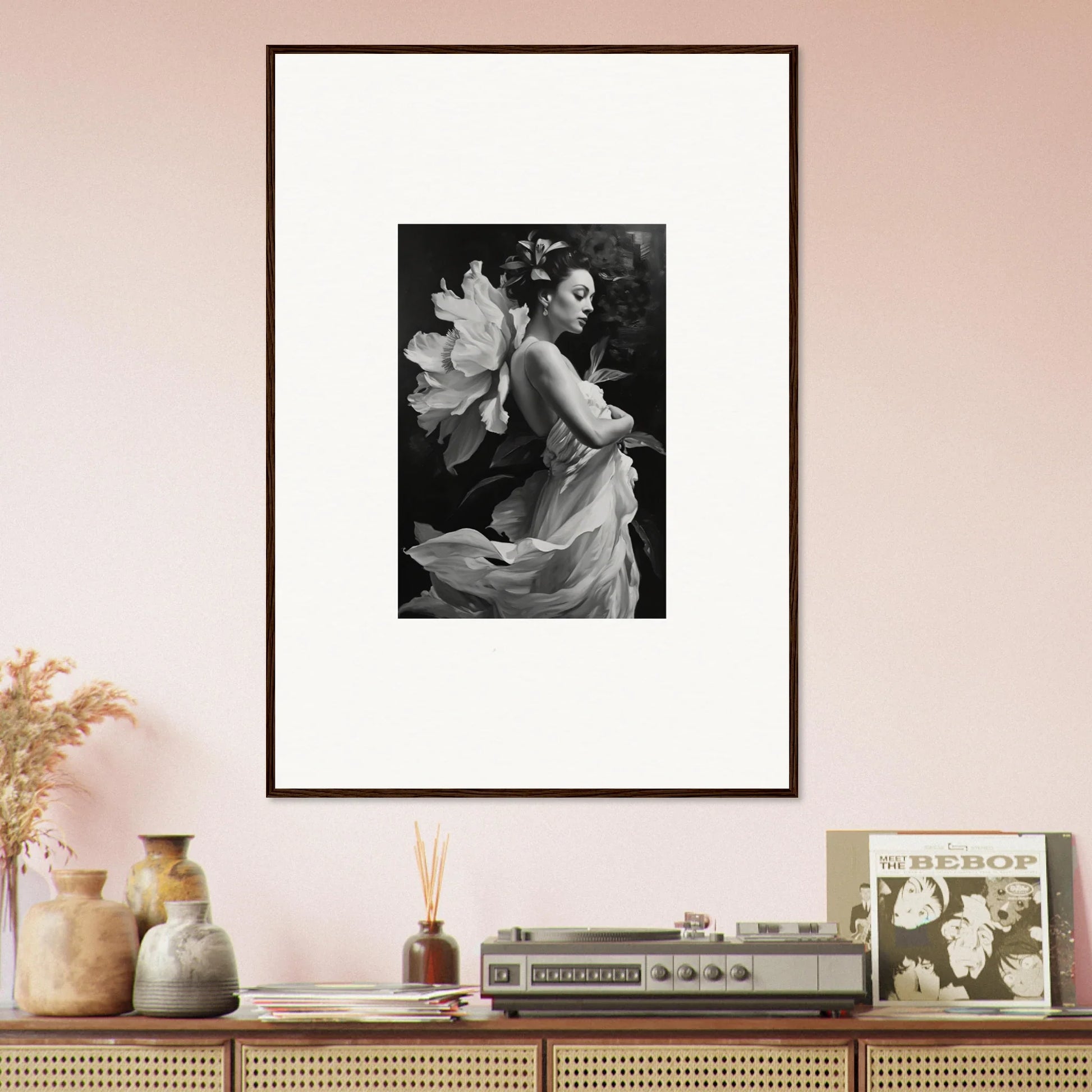 Framed black and white canvas print of a woman in flowing garments for room decoration