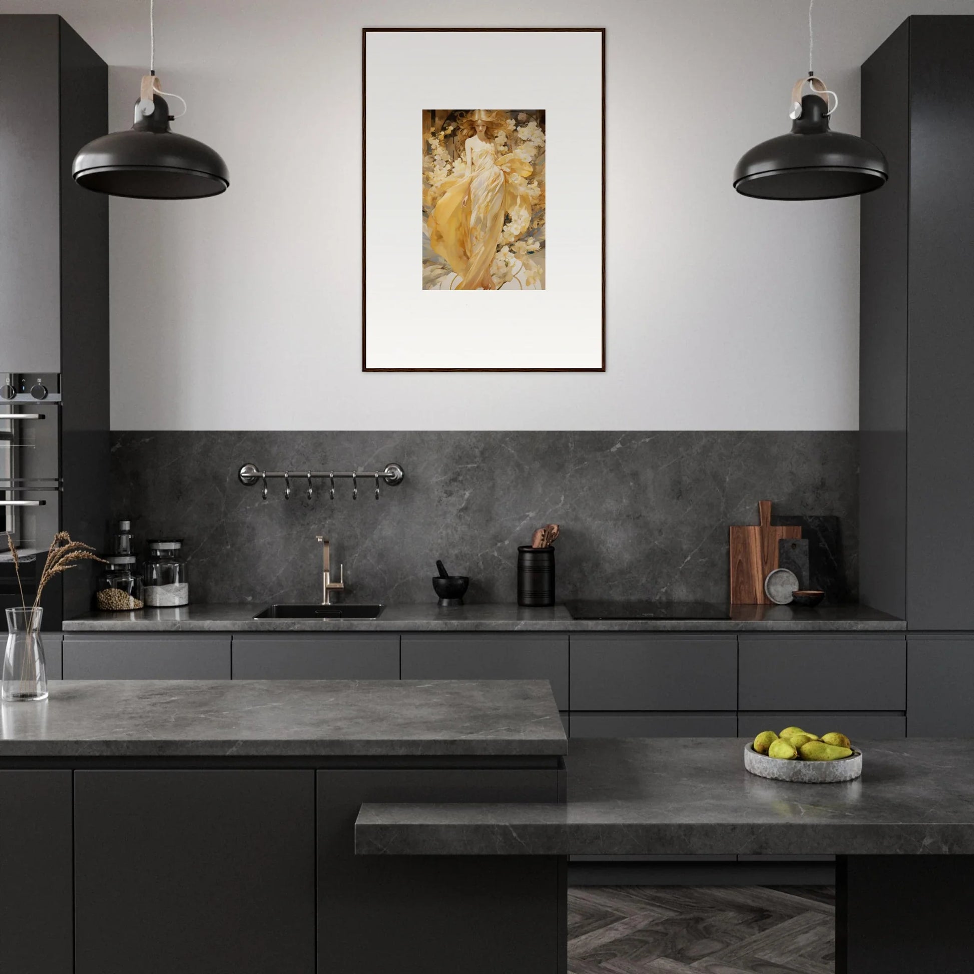 Modern kitchen featuring dark cabinetry, gray countertops, and a Petal Serenade canvas print