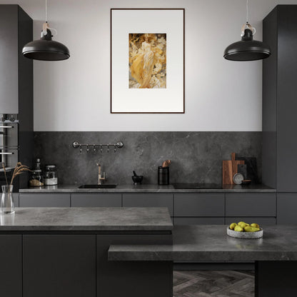 Modern kitchen featuring dark cabinetry, gray countertops, and a Petal Serenade canvas print