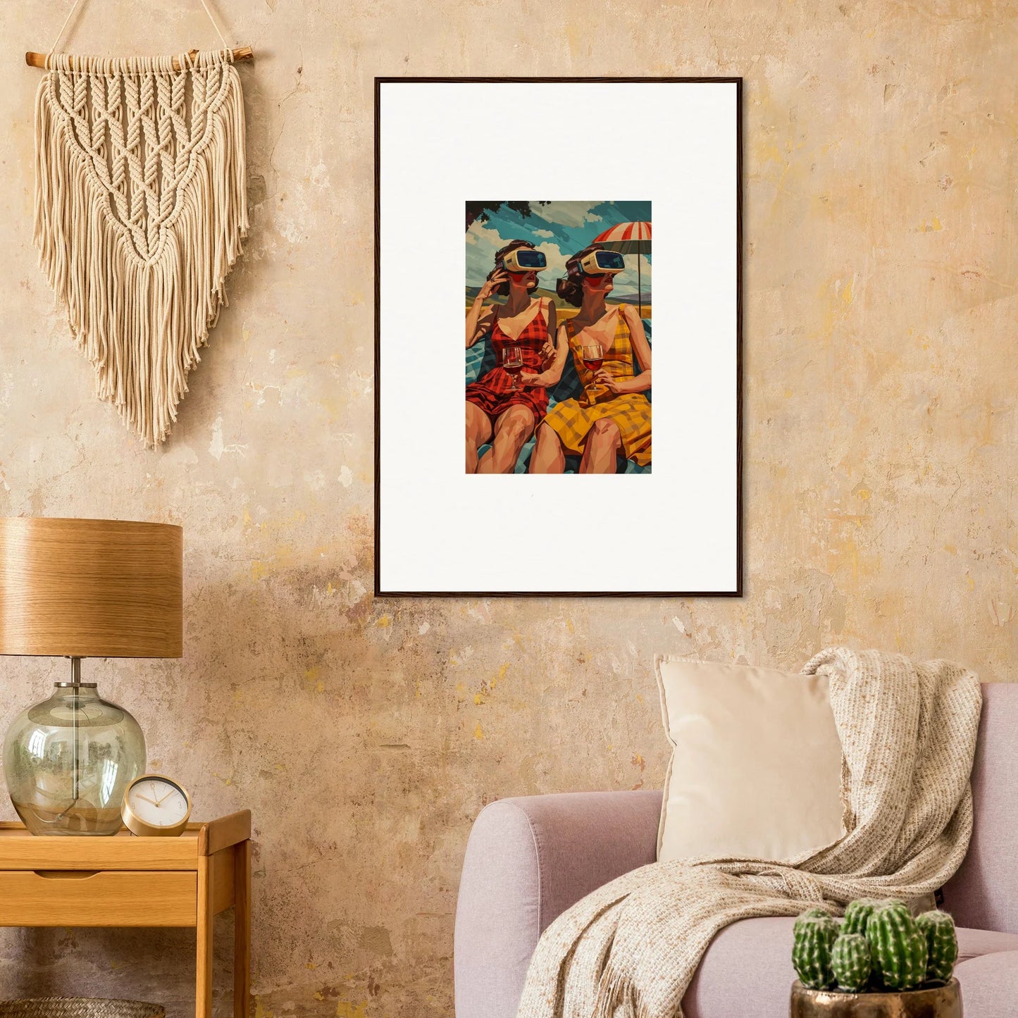 Framed colorful canvas print of two figures in vibrant clothing for morning sunshine room decoration