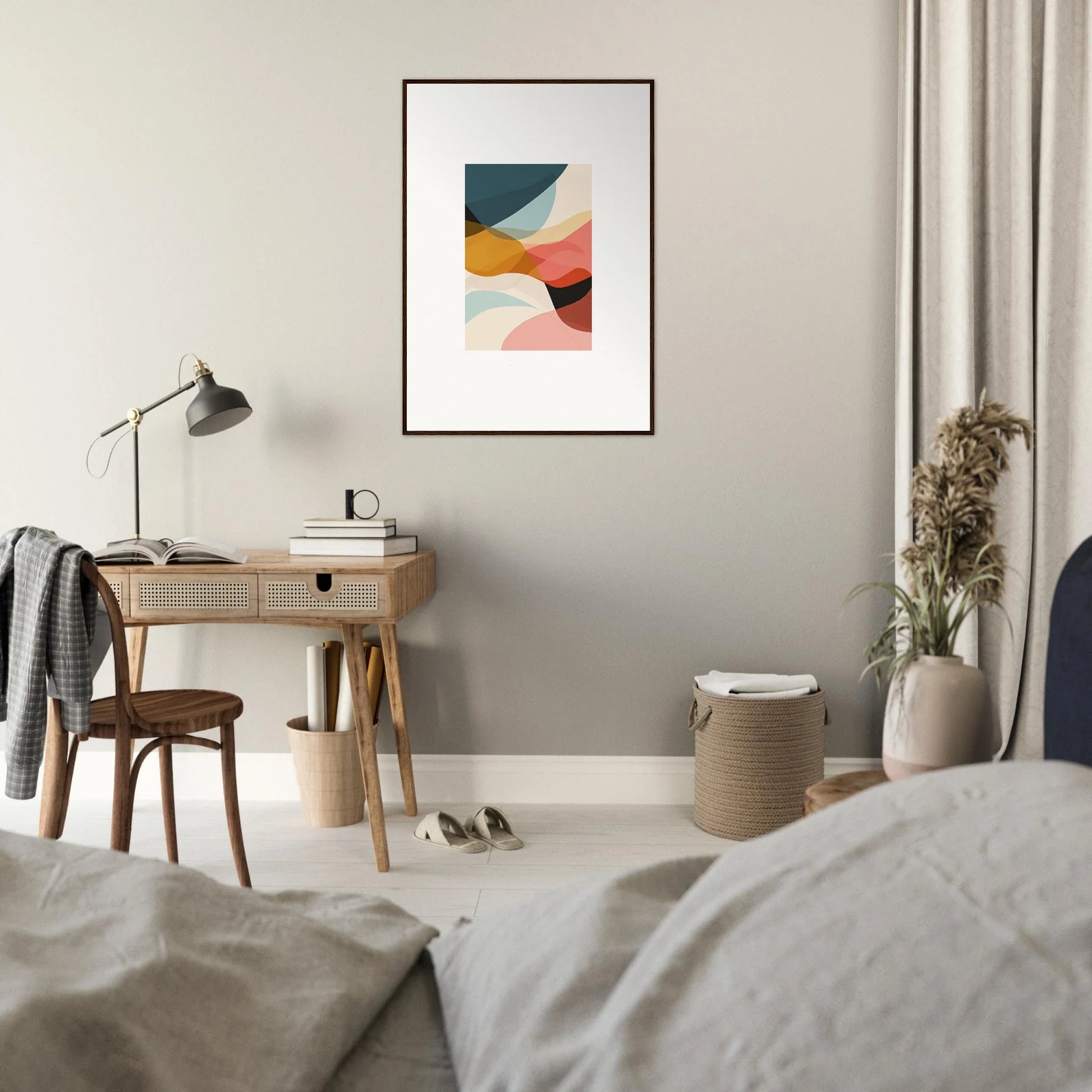 Framed abstract canvas print with teal, yellow, and pink shapes for stylish room decoration