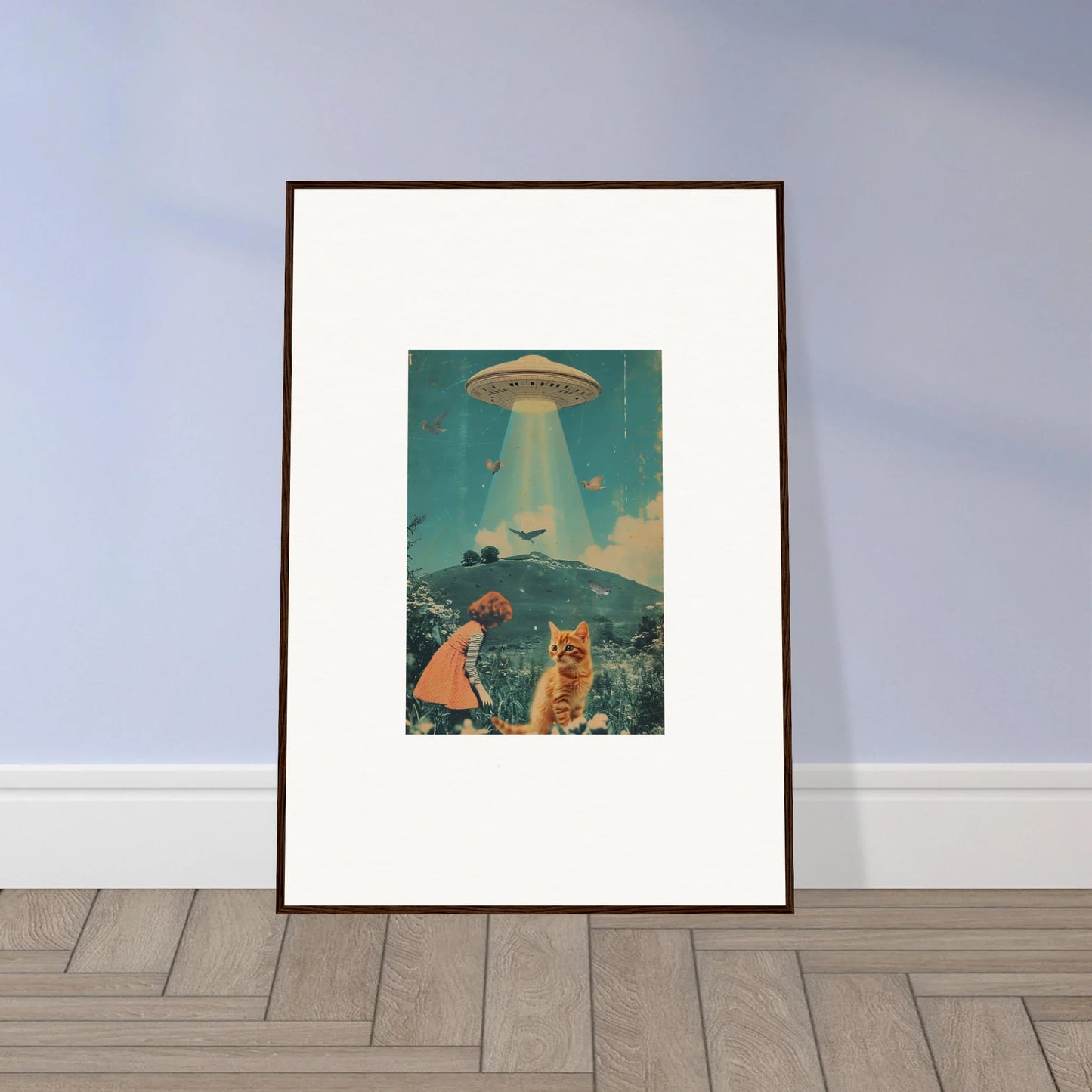 Framed retro artwork of a UFO with a person and cat for unique room decoration