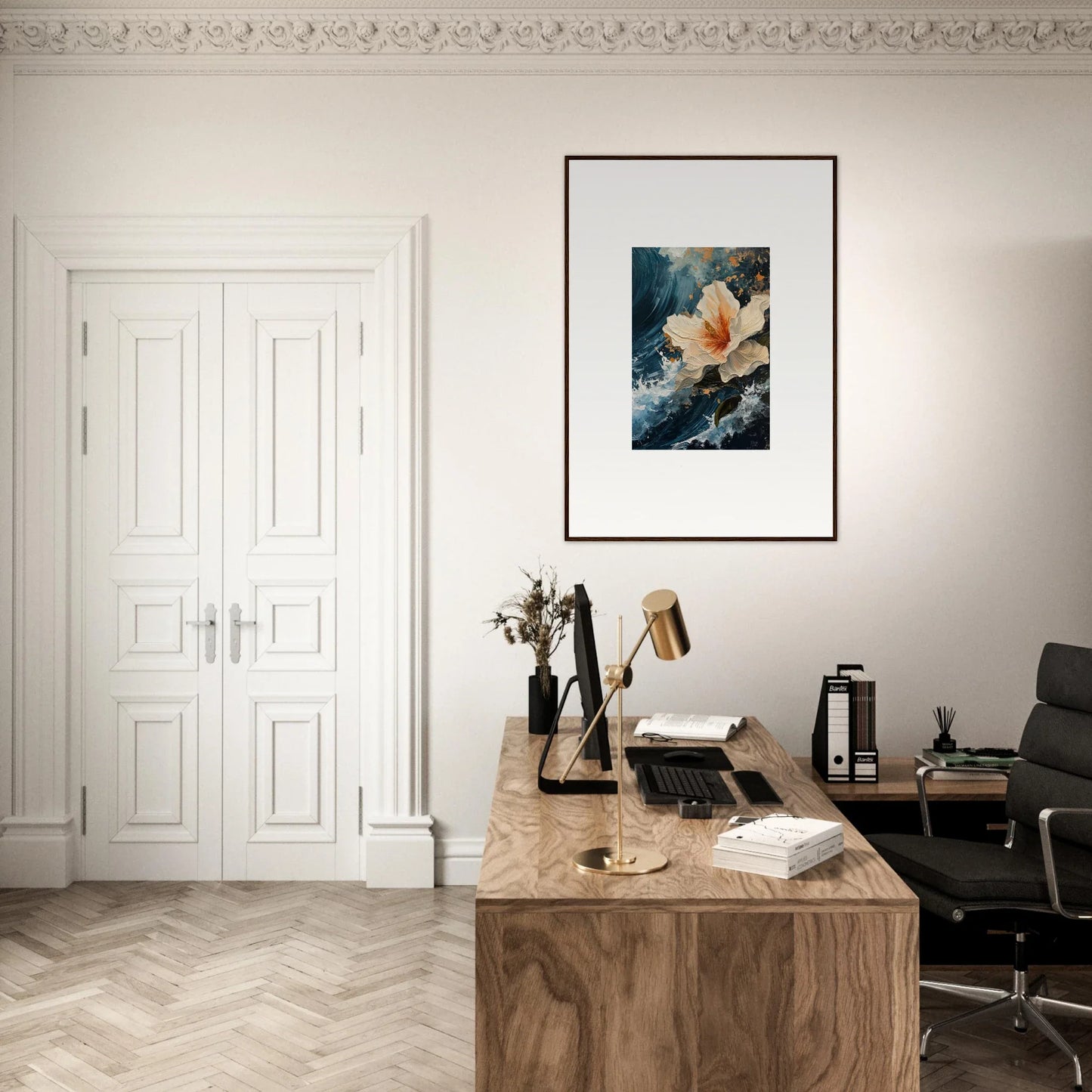 Modern minimalist workspace with wooden desk, typewriter, and petal waves decor