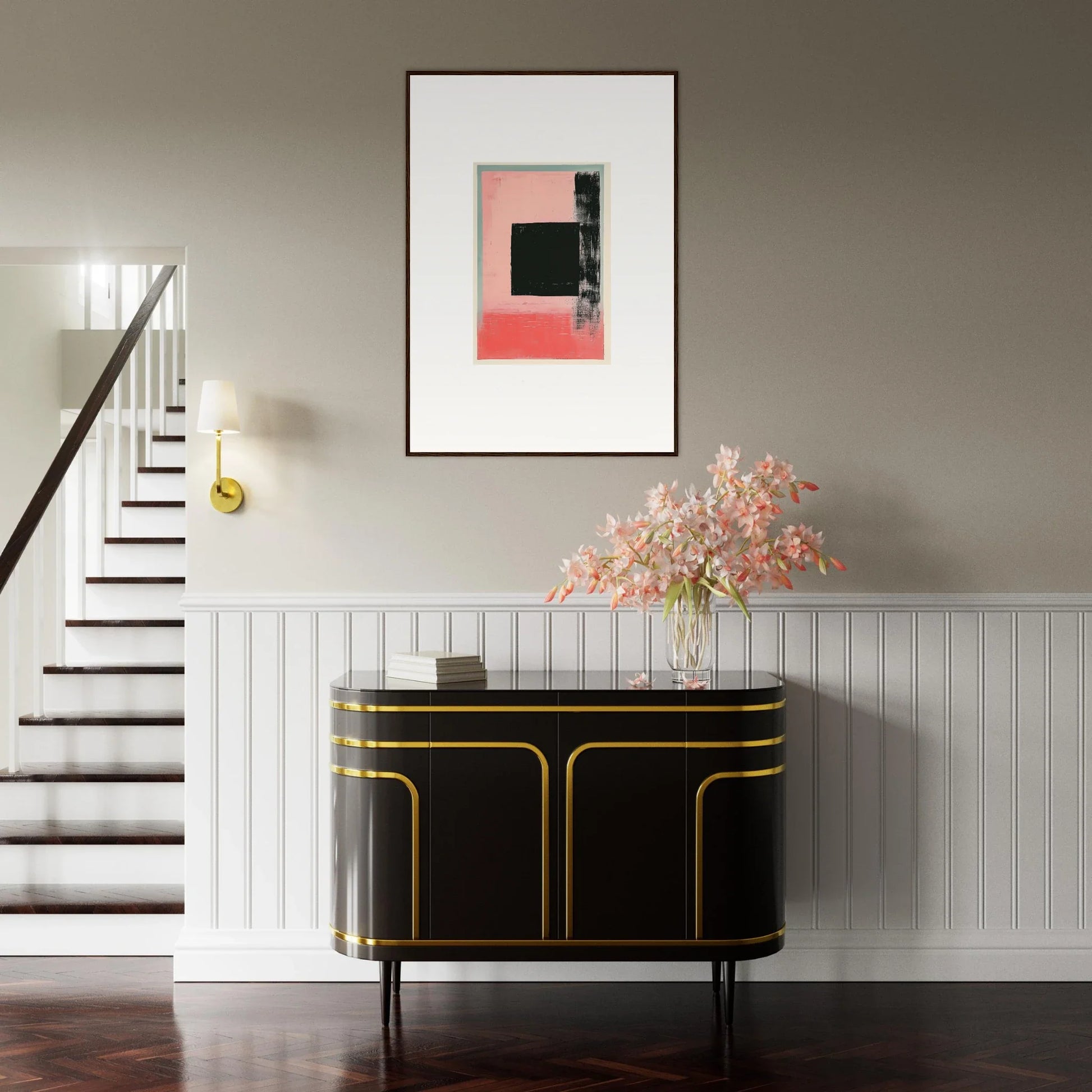 Elegant black and gold sideboard adds a touch of Elysian Frenzy to room decoration