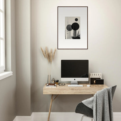 Minimalist wooden desk setup with monitor and office accessories for dropscape wandering vibes