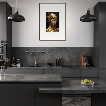 Modern dark gray kitchen featuring a gold-toned portrait canvas print for stylish room decoration