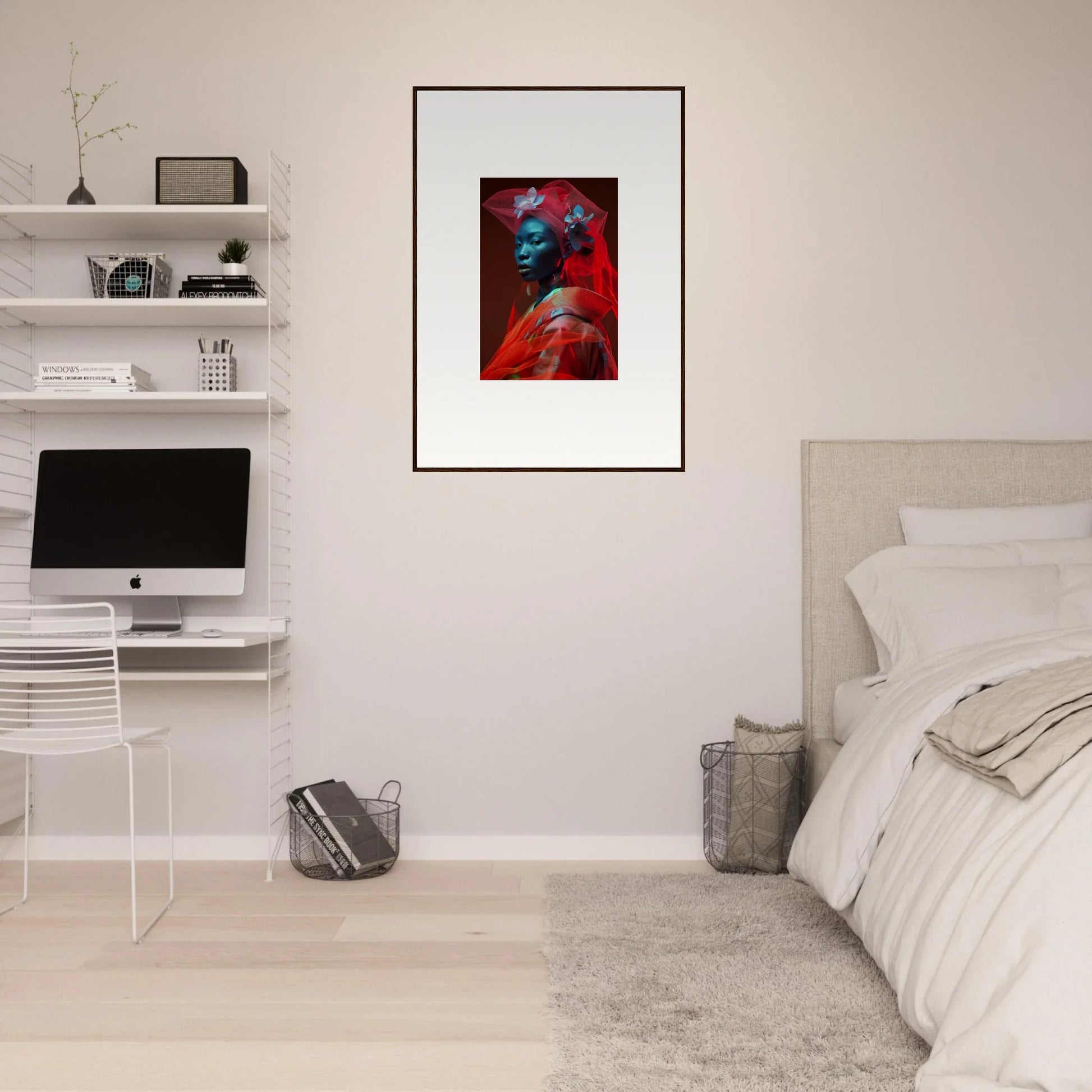 Framed colorful portrait with blue skin, perfect for velvet botanicals room decoration